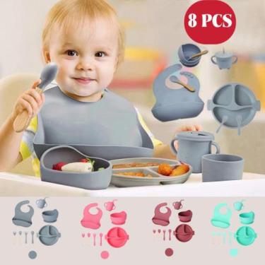 Imagem de Kit 8 pecas Talheres Bebê Conjunto Prato Jantar Silicone Bebês Tigela 