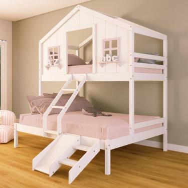 Imagem de Beliche Casal/ Solteiro Casinha dos Sonhos com Escada/ Escorregador Madeira Maciça Branco/ Rosa Housin
