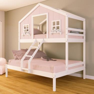 Imagem de Beliche Casal/ Solteiro Casinha dos Sonhos Madeira Maciça Rosa/ Branco Housin