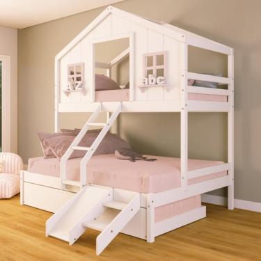 Imagem de Treliche Casal/ Solteiro Casinha dos Sonhos com Escada/ Escorregador Madeira Maciça Branco/ Rosa Housin