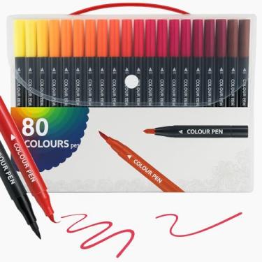 Imagem de Kit de Canetinhas Artísticas, 80 Cores, Ponta Dupla Fina e Pincel, Estojo Portátil