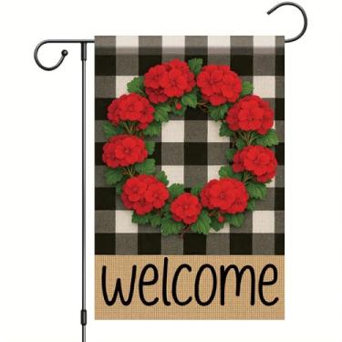 Imagem de Starlit Patio Guirlanda de boas-vindas xadrez búfalo bandeira de jardim bandeira de flor de gerânio vermelha 30 x 45,7 cm dupla face primavera ao ar livre outono outono fazenda ao ar livre pequena