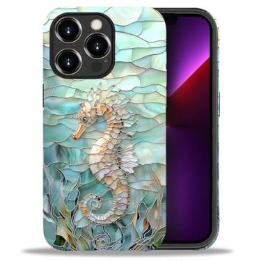 Imagem de Punmada Capa para iPhone 13 Pro Max, capa híbrida rígida à prova de choque de silicone à prova de choque para iPhone 13 Pro Max vidro submarino 3D padrão cavalo marinho