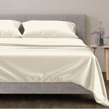 Imagem de Mayfair Linen Lençóis Queen Size 100% algodão egípcio – 600 fios Queen, 4 peças de lençóis luxuosos, macio, de cetim refrescante, bolso profundo, cabe em colchões de até 45,7 cm, marfim