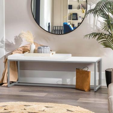 Imagem de Banco Recamier Puff 160cm Industrial Prata Suede Branco Tampo Quadrado Mdf Branco