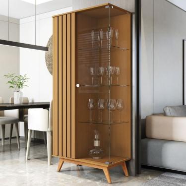 Imagem de Cristaleira Com Lateral E Porta Ripada Jb Açaí Vidro Temp 4mm E Pés E Travessas Em Madeira Maciça Nature