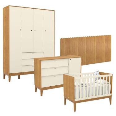 Imagem de Quarto De Bebê Unique 4 Portas Com Cômoda Sapateira E Painel Farm Freijó Off White Eco Wood - Matic