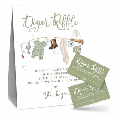 Imagem de Kit de sorteio de fraldas Fisherman para chá de bebê - vara de pesca - 1 placa de pé e 50 ingressos, decorações para chá de bebê, revelação de gênero, gênero neutro, anúncio de bebê, lembrancinha de