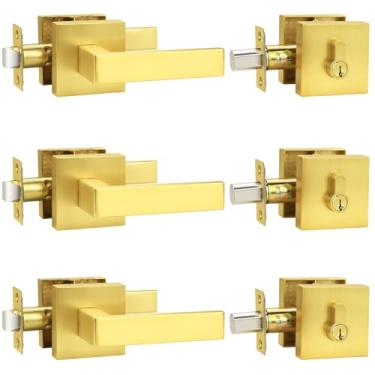 Imagem de Probrico Conjunto de fechaduras de porta externa em ouro acetinado quadrado, alça de passagem de porta frontal resistente e conjunto de fechadura de cilindro duplo com chave igual, latão escovado