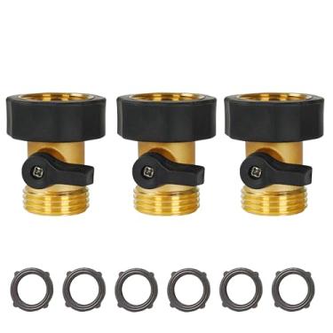 Imagem de Xiny Tool Válvula de corte de mangueira de jardim, pacote com 3 conectores de mangueira de jardim de latão sólido resistente de 3/4 polegadas, válvula de desligamento de água com 6 arruelas de