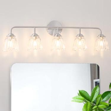 Imagem de Daunton Luminária De Banheiro Vintage, Elegante Com Cúpula Vidro Em Formato Flor, Níquel Escovado 5 Luzes Sobre O Espelho, Arandela Para Quarto E Sala Estar