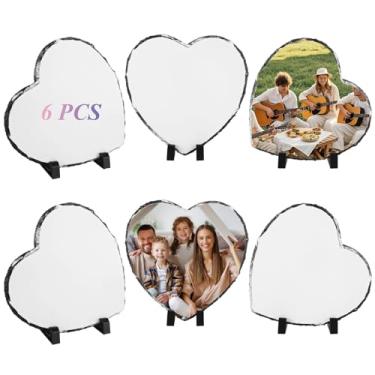 Imagem de LOPYXBR 6 peças em branco de ardósia de sublimação de 19 x 19 cm em branco em forma de coração para sublimação de pedra de 19 x 19 cm, placa de sublimação de ardósia com suporte de exibição para