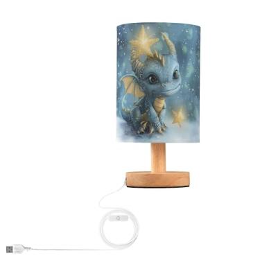 Imagem de YYZZH Abajur De Mesa Com Estampa Dragão Aquarela, Animalzinho, Cabeceira Base Madeira, Tecido, Para Sala Estar, Quarto, Escritório Infantil