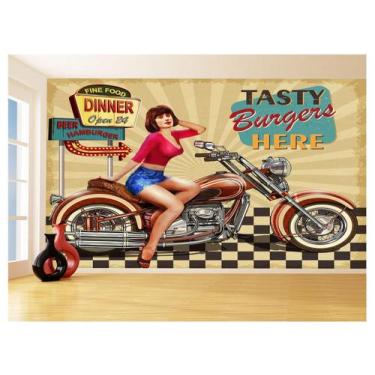 Imagem de Papel De Parede 3D Moto Retrô Arte Pinup Custom 3,5M Bkm128 - Você Dec