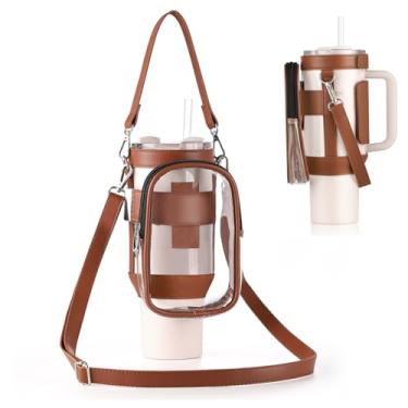 Imagem de Bolsa de transporte transparente para garrafa de água com bolso para telefone Stanley Cup 1,134 g, com ombro ajustável e alça de mão, acessórios de copo Stanley bordas para esportes de concerto (café)