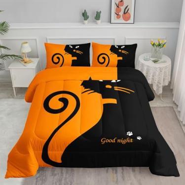 Imagem de Smell Sunshine Jogo de cama com estampa de gato fofo, laranja, animal, 1 edredom e 2 fronhas, para quarto de meninos e meninas, todas as estações (gato queen)