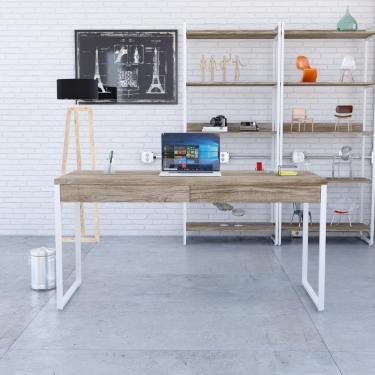 Imagem de Mesa Diretor 150x60x75cm Com 2 Gavetas Kuadra Carvalho Estrutura Branca