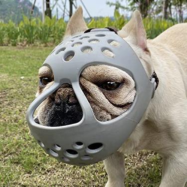 Imagem de Barkless Focinheira curta para cães, focinheira plana de silicone macio para buldogue francês Shih Tzu e pug para morder, mastigar, lamber e escovar, permite que o bichinho (G, cinza)
