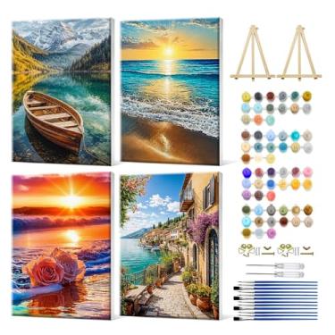 Imagem de JOOZ Pacote com 4 kits de pintura por números para adultos, pintura de pôr do sol de praia por número com cavalete, kit de pintura a óleo de paisagem para adultos em tela, kit de pintura a óleo de
