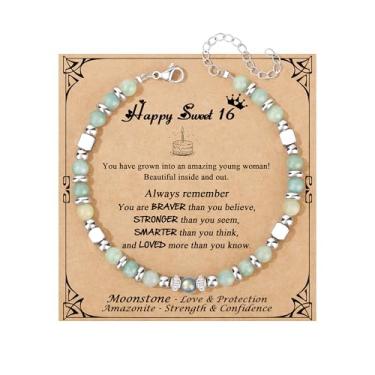 Imagem de JoycuFF Presentes de aniversário para mulheres, pulseira de pedra da lua, decorações de feliz aniversário, presentes exclusivos, amazonita, pedra da lua, pulseiras para sua melhor amiga, irmã, filha