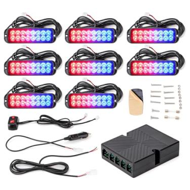 Imagem de V-SEK Kit de luzes estroboscópicas de LED vermelho azul - 8 peças, 16 LEDs, luzes de emergência da polícia, perigo de aviso intermitente, recurso de sincronização de 12 V, suporte de superfície