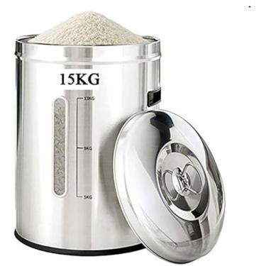 Imagem de Dispensador De Arroz Inoxidável, Recipiente De Farinha E Cereais, Recipiente De Armazenamento De Arroz, Caixa De Grãos De Cereais De Aço Inoxidável Com Tampa, Black, 15kg