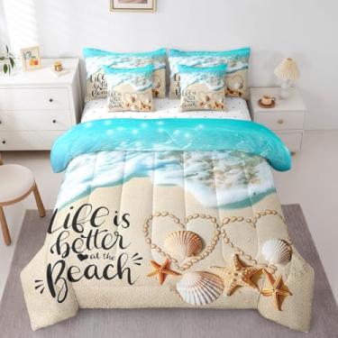 Imagem de Manfei Conjunto de cama casal de 7 peças, temática de oceano azul, concha de estrela do mar, concha de vieira, cama com edredom, lençóis e fronhas, decoração de quarto de crianças, meninos e meninas