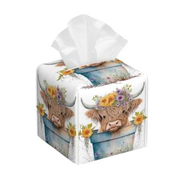 Imagem de Capa quadrada de caixa de lenços Highland Cow Garland, suporte de lenços de couro com cinto inferior, organizador de papel facial à prova d'água, capa de caixa de lenços para casa, escritório