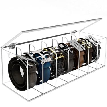 Imagem de Organizador de cinto de acrílico com capa contra poeira com aba – Estojo de armazenamento transparente de 7 compartimentos para cintos, gravatas e gravatas-borboleta | Suporte de exibição de armário e