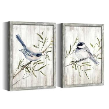 Imagem de Arte de parede emoldurada de pássaro zen - Conjunto de 2 impressões de pintura de pássaro canoro azul e cinza em ramos de bambu imagens de natureza rústica decoração de casa de fazenda para quarto