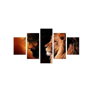 Imagem de Quadro Mosaico 5 Peças Horizontal Mdf Fita Dupla Face Leão