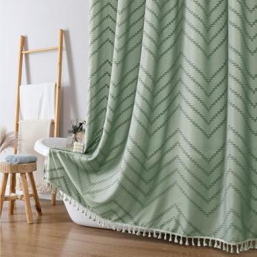 Imagem de OWENIE Cortina de chuveiro de tecido verde sálvia, cortinas de chuveiro boho para banheiro chique tufado Chevron listrado texturizado com borla, estilo hotel macio, casa de fazenda estilo hotel