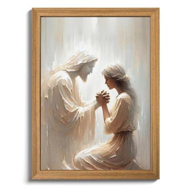 Imagem de Arte de parede de Jesus texturizada vintage 3D emoldurada - decoração de parede Jesus e mulher orando - arenito desenhado à mão imagens cristãs clássicas para sala de estar quarto sala de oração 40 x