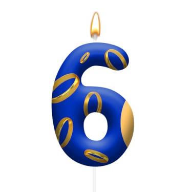 Imagem de Velas de bolo de aniversário – velas azuis e douradas com desenhos vibrantes para meninos e meninas, decorações temáticas de festa de aniversário, topos de bolo para festas temáticas (número 6)