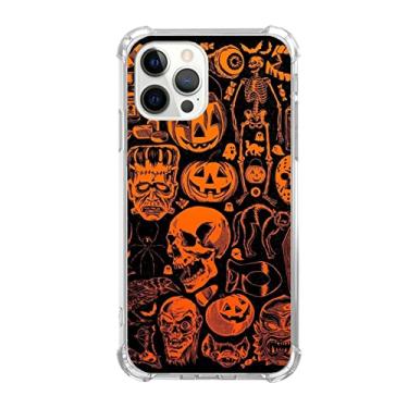 Imagem de Capa com estampa de esqueleto de abóboras de Halloween estética para iPhone 13 Pro, capa de colagem laranja com desenho de gato bruxa legal para meninas meninos e mulheres, capa amortecedora de TPU com design moderno para iPhone 13 Pro