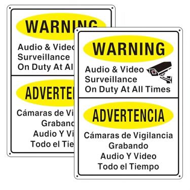 Imagem de (Pacote com 2) placas de vigilância por vídeo, placa bilíngue para câmera de serviço em todos os momentos, sinal bilíngue de vigilância em inglês espanhol por câmeras de vídeo - à prova de intempéries
