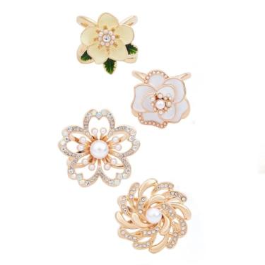 Imagem de DELORIGIN 4 peças flor pérola cachecol anéis fivela para mulheres camélia strass cachecóis anéis clipes moda metal xale clipe fivela e slides para camisa de seda gravatas broches casamento Halloween