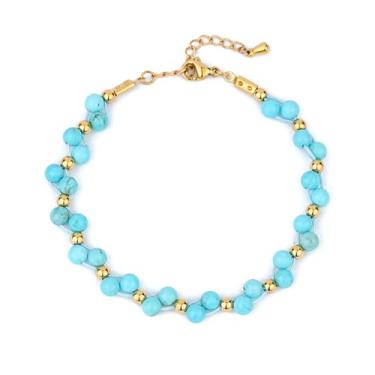 Imagem de TaYolnFaSo Pulseira de pedra natural elástica/empilhável pulseira de tênis de zircônia cúbica delicada feita à mão com contas de pedras preciosas presente para mulheres, 6, Turquesa criada