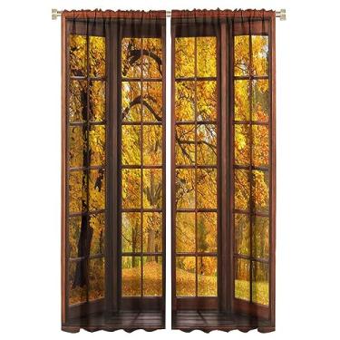 Imagem de Cortinas blackout de janela aberta para sala de estar, paisagem natural de madeira moderna outono folhas de bordo cortinas de janela escurecidas com bolso para varão - 2 painéis 160 cm C x 53 cm L