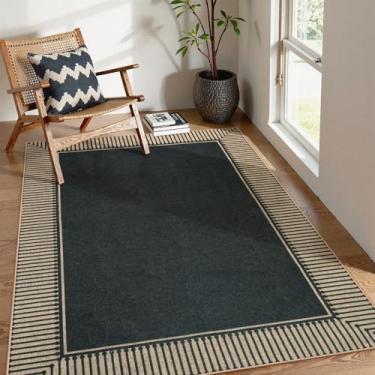 Imagem de Moynesa Tapete listrado de juta fácil para uso ao ar livre, 10 x 15 cm, tapetes laváveis para varanda e quintal, antiderrapante, tapete clássico moderno para sala de estar, preto