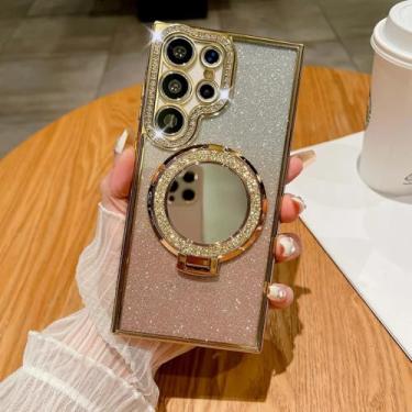 Imagem de HJZSZX para Samsung S25Plus Luxury Clear Glitter Case Espelho Magnético Suporte de Telefone Capa (para Samsung S25Plus/Dourado)