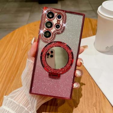 Imagem de HJZSZX para Samsung S24Ultra Luxury Clear Glitter Case Mirror Magnetic Phone Holder Stand Cover (para Samsung S24Ultra/Vermelho)