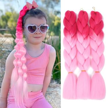 Imagem de Sakkou Extensões de cabelo trançadas rosa ombré, 3 peças de cabelo trançado jumbo para tranças 61 cm extensões de cabelo trançado sintético falso (vermelho a rosa claro)