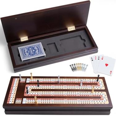 Imagem de BIVOMON Wooden Cribbage Board Game Set with Large Storage Area, 3 Track Cribbage Board, 9 Metal Pegs｜2 Playing Cards｜Magnetic Lock, Family Travel Portable Tabletop Game for Adults & Kids (Instruction)