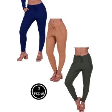 Imagem de Kit 3 Calça Jogger Canelada Inverno Feminina Comfy Vera AZUL BEGE VERD
