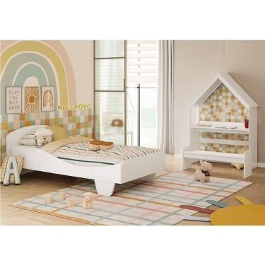 Imagem de Quarto Infantil com Cama Mesa Casinha e Banco Olívia 100% MDF Espresso Móveis Branco Brilho