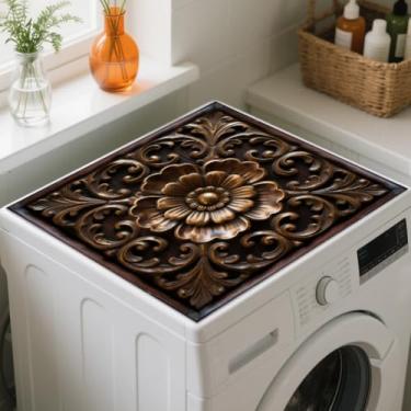 Imagem de GLOBLELAND Efeitos Visuais 3D Lavadora de Lavandaria Secadora Tapete de Cobertura de Poeira 60 x 59,8 cm Escultura em Madeira Vintage Almofadas Protetores de Topo de Máquina de Lavar Roupa