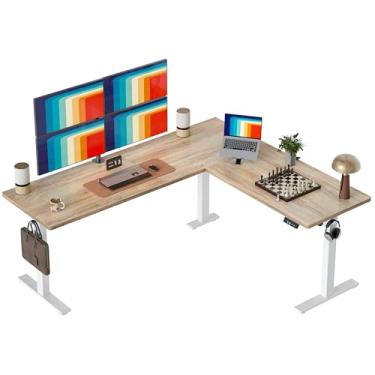 Imagem de TIQLAB Mesa de pé em forma de L de 190 x 155 cm, altura ajustável, mesa de canto elétrica, mesa de computador com suporte para sentar com placa de emenda, bordo