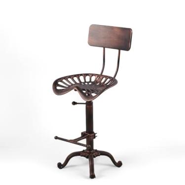 Imagem de BOKKOLIK Banco de bar de assento de trator industrial 55 a 69,8 cm de altura ajustável em ferro fundido rústico com encosto e apoio para os pés para casa, cozinha, cafeteria