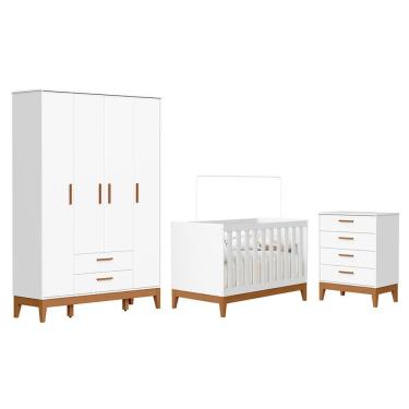 Imagem de Dormitório Infantil Flip Guarda Roupa 4 Portas, Cômoda 4 Gavetas E Berço Reller Móveis Branco Fosco
